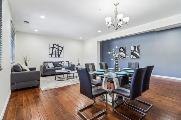 Chandelier, Dining room, Interior, Living room, Recessed Lighting, Wood Texture Flooring