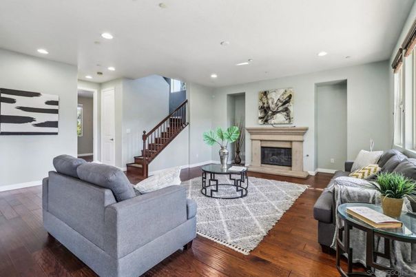 Fireplace, Interior, Living room, Recessed Lighting, Wood Texture Flooring