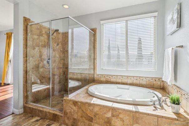 Bathroom, Glass Shower, Interior, Recessed Lighting, Wood Texture Flooring
