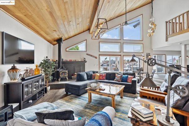 Fireplace, Interior, Living room, Pendant Lights, Wooden Ceilings, Wood Texture Flooring