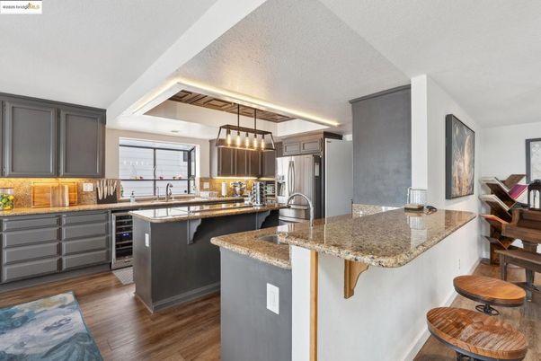 Interior, Kitchen, Pendant Lights, Stainless Steel Appliances, Wood Texture Flooring