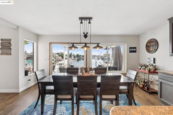 Dining room, Interior, Pendant Lights, Wood Texture Flooring
