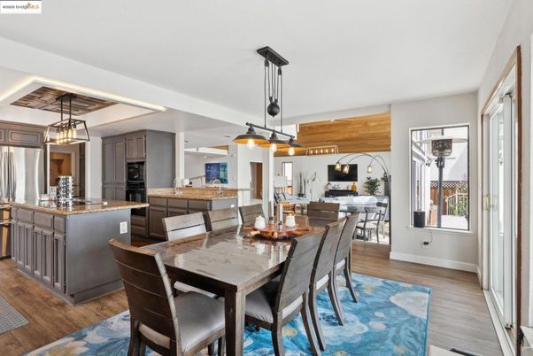 Dining room, Interior, Kitchen, Living room, Pendant Lights, Wood Texture Flooring