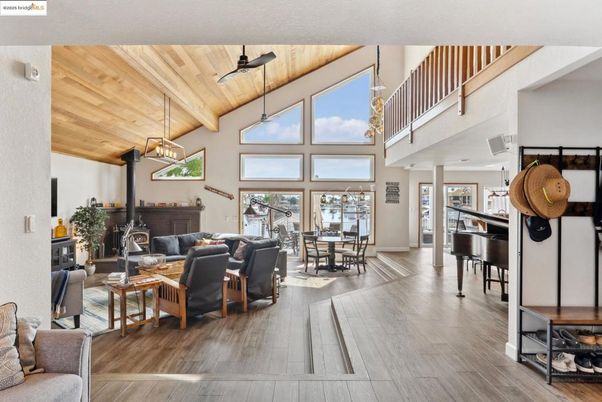 Dining room, Fireplace, Interior, Living room, Pendant Lights, Piano, Wooden Ceilings, Wood Texture Flooring