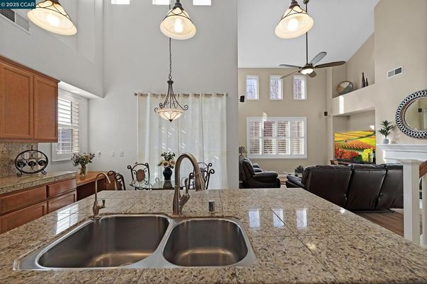 Dining room, Fireplace, Interior, Kitchen, Pendant Lights