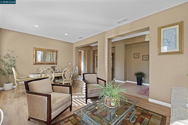 Dining room, Interior, Living room, Recessed Lighting, Wood Texture Flooring