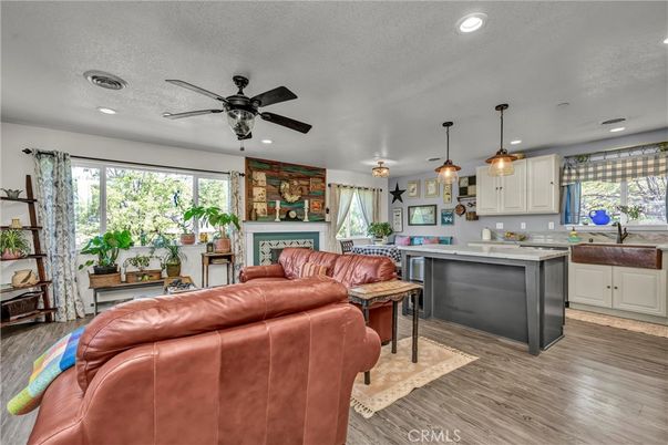 Fireplace, Interior, Kitchen, Living room, Pendant Lights, Recessed Lighting, Wood Texture Flooring