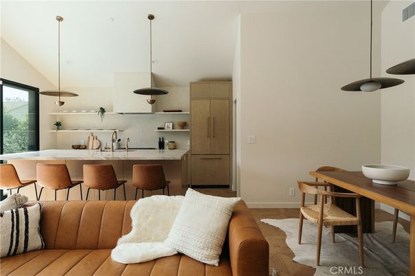 Dining room, Interior, Kitchen, Pendant Lights, Wood Texture Flooring
