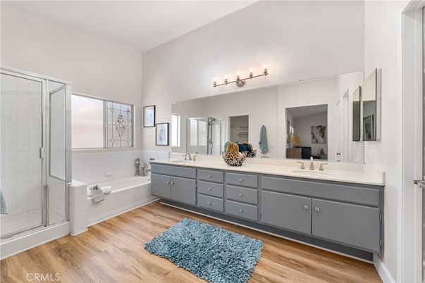 Bathroom, Dual Sink Vanities, Glass Shower, Interior, Wood Texture Flooring