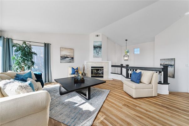 Fireplace, Interior, Living room, Pendant Lights, Wood Texture Flooring