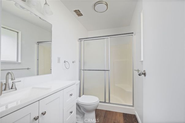 Bathroom, Glass Shower, Interior, Wood Texture Flooring