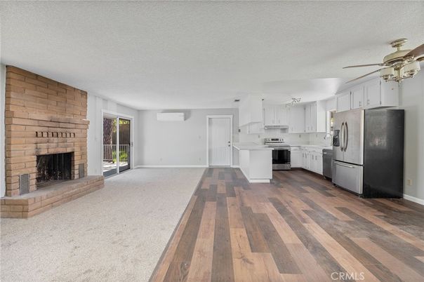 Empty room, Fireplace, Interior, Kitchen, Stone Walls, Wood Texture Flooring
