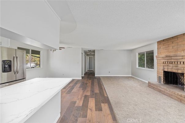 Empty room, Fireplace, Interior, Kitchen, Stone Walls, Wood Texture Flooring