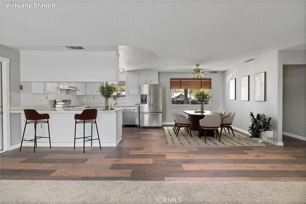 Dining room, Interior, Kitchen, Stainless Steel Appliances, Wood Texture Flooring