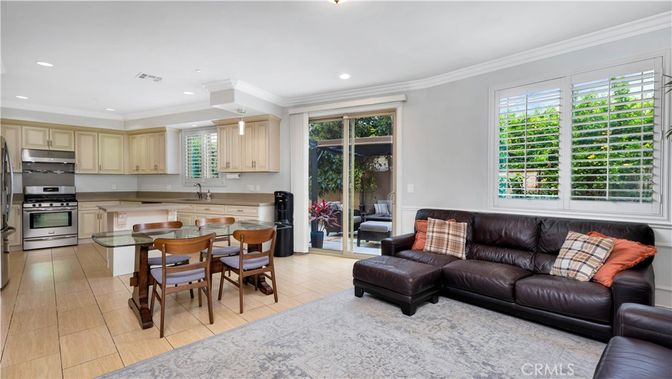 Dining room, Interior, Kitchen, Living room, Recessed Lighting, Stainless Steel Appliances, Wood Texture Flooring