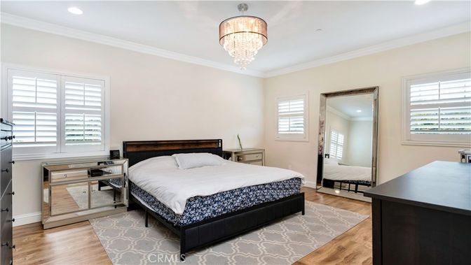 Bedroom, Chandelier, Interior, Recessed Lighting, Wood Texture Flooring
