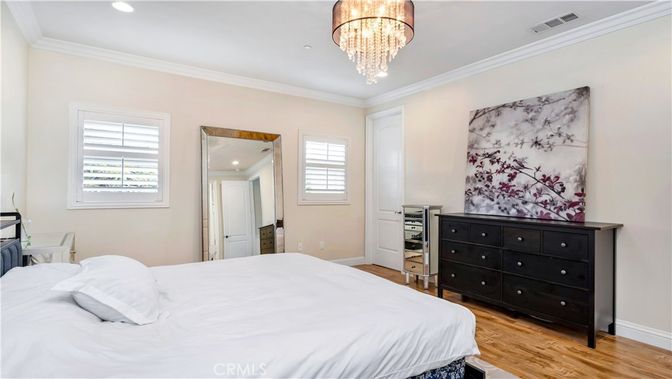 Bedroom, Chandelier, Interior, Recessed Lighting, Wood Texture Flooring