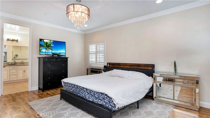 Bedroom, Chandelier, Interior, Recessed Lighting, Wood Texture Flooring