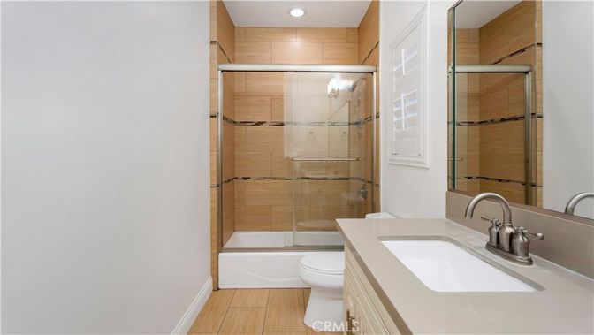 Bathroom, Glass Shower, Interior, Recessed Lighting, Wood Texture Flooring