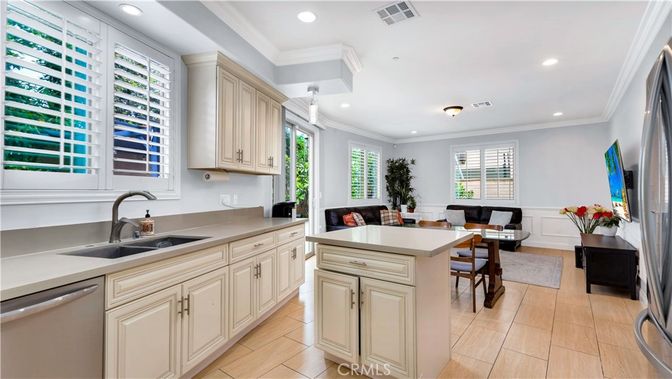 Dining room, Interior, Kitchen, Living room, Recessed Lighting, Stainless Steel Appliances, Wood Texture Flooring