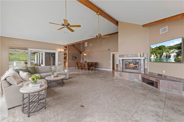 Chandelier, Dining room, Fireplace, Interior, Living room, Pendant Lights, Wooden Beams