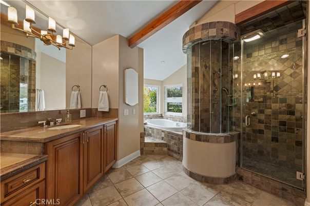 Bathroom, Dual Sink Vanities, Glass Shower, Interior, Wooden Beams