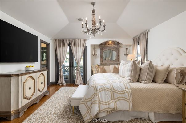 Bedroom, Chandelier, Interior, Wood Texture Flooring