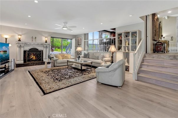 Fireplace, Interior, Living room, Recessed Lighting, Wood Texture Flooring