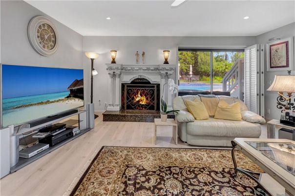 Fireplace, Interior, Living room, Recessed Lighting, Wood Texture Flooring