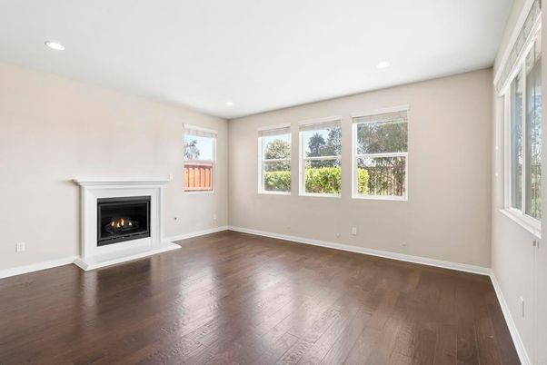 Empty room, Fireplace, Interior, Recessed Lighting, Wood Texture Flooring