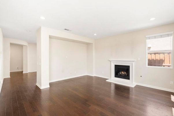 Empty room, Fireplace, Interior, Recessed Lighting, Wood Texture Flooring