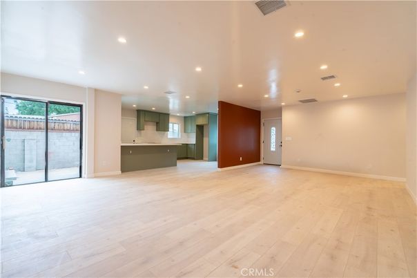 Empty room, Interior, Kitchen, Recessed Lighting, Wood Texture Flooring