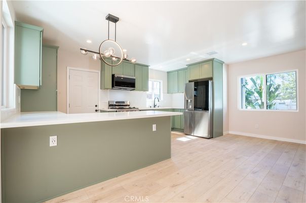 Interior, Kitchen, Pendant Lights, Recessed Lighting, Stainless Steel Appliances, Wood Texture Flooring