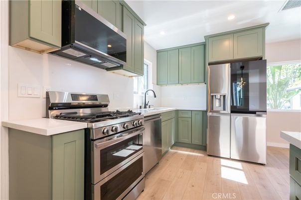 Interior, Kitchen, Recessed Lighting, Stainless Steel Appliances, Wood Texture Flooring