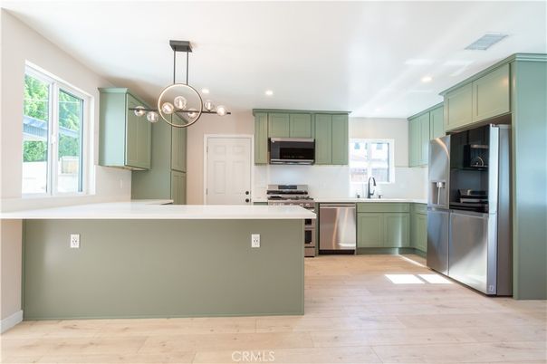 Interior, Kitchen, Pendant Lights, Recessed Lighting, Stainless Steel Appliances, Wood Texture Flooring