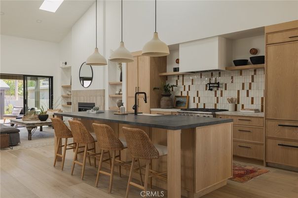 Fireplace, Interior, Kitchen, Pendant Lights, Wood Texture Flooring