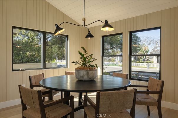 Dining room, Interior, Pendant Lights, Wood Texture Flooring
