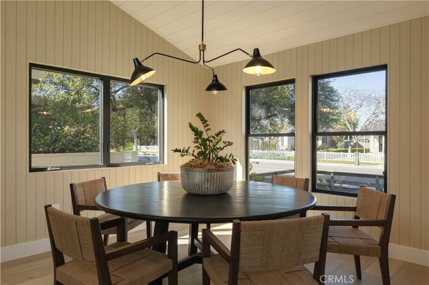 Dining room, Interior, Pendant Lights, Wood Texture Flooring