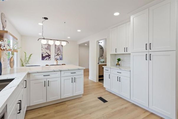 Interior, Kitchen, Pendant Lights, Recessed Lighting, Wood Texture Flooring
