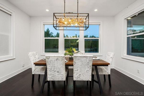 Dining room, Interior, Pendant Lights, Recessed Lighting, Wood Texture Flooring