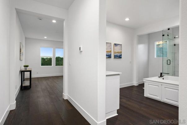 Bathroom, Glass Shower, Interior, Recessed Lighting, Wood Texture Flooring