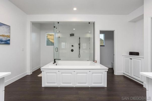 Bathroom, Dual Sink Vanities, Interior, Recessed Lighting, Wood Texture Flooring