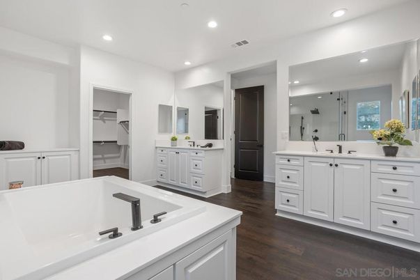 Bathroom, Dual Sink Vanities, Interior, Recessed Lighting, Wood Texture Flooring