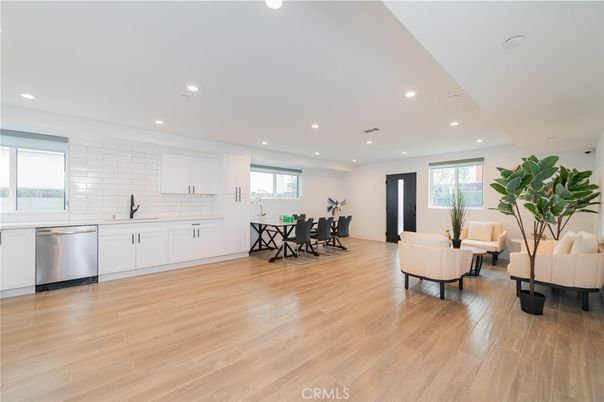 Dining room, Interior, Kitchen, Living room, Recessed Lighting, Stainless Steel Appliances, Wood Texture Flooring