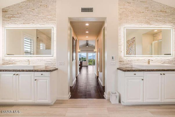 Bathroom, Interior, Recessed Lighting, Stone Walls, Wood Texture Flooring