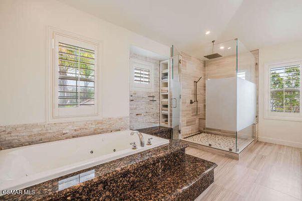 Bathroom, Glass Shower, Interior, Recessed Lighting, Wood Texture Flooring