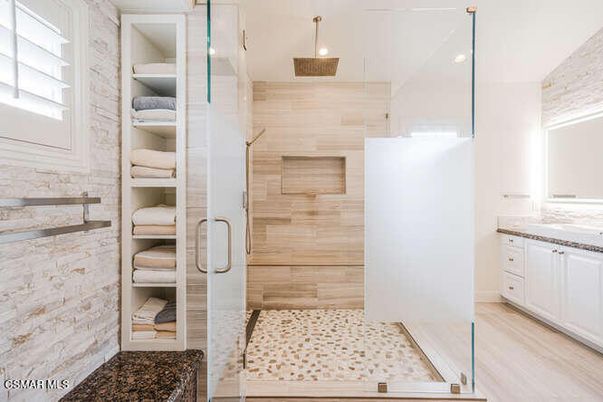 Bathroom, Glass Shower, Interior, Pendant Lights, Recessed Lighting, Wood Texture Flooring