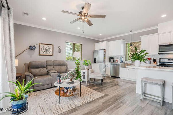 Interior, Kitchen, Living room, Pendant Lights, Recessed Lighting, Stainless Steel Appliances, Wood Texture Flooring