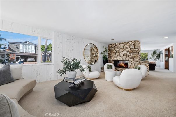 Fireplace, Interior, Living room, Recessed Lighting, Stone Walls