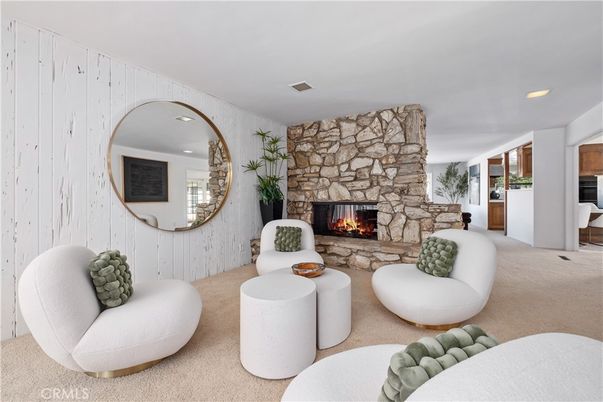 Fireplace, Interior, Living room, Recessed Lighting, Stone Walls